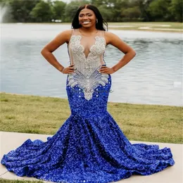 Glam Blue Diamonds Prom Dresses 2024 Sparkly Sequin Mermaid Evening Dress Beaded ASouth African Birthday Dress Abiye Vestido De Fiesta Abito Nozze Formal Party