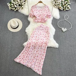Arbeitskleider Mode zweiteilige Set für Frauen florale gedruckte Quadratkragen Bluse Langer Rock Rüschen Faltenkleid Sets A-Line Folds Dropship