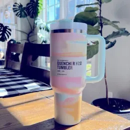 DHL Quencher Tumblers H2.0 깨끗한 슬레이트 따뜻한 시원한 고요한 브러시 스트로크 컵 40oz 스테인레스 스틸 머그 뚜껑이있는 뚜껑과 밀짚 자동차 텀블러 물병