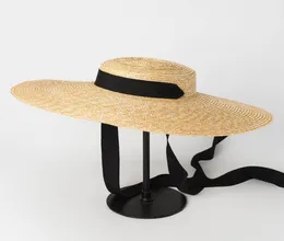 여성 천연 밀짚 모자 리본 넥타이 15cm Brim Boater Hat Kentucky Derby Beach Sun Hat Cap Lady Summer Wide Brim UV Protect HA3706044