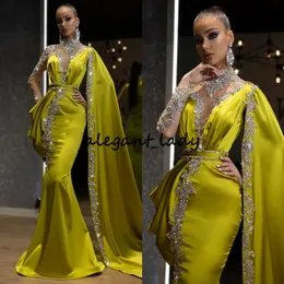 Vestidos de noite de sereia de cristal de luxo de limão com manto uma manga cheia de colarinho alto com contas de baile longas vestidos de baile vestidos de noiva 204q