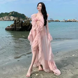 Casual klänningar boho stil strand maxi klänning söt rufsar långa ärmar rosa klänning sommar bikini omslag skjortor robe manches chauve souris femme