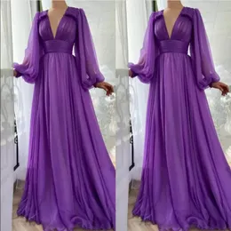 Simple Elegant Purple Chiffon A-Line Prom Dresses Long Puff Sleeves V Neck Draped Empire Floor Length Formal Evening Dress Party Gowns 190p