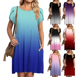 Casual Dresses Women's Summer Round Neck T-shirt Petal Sleeve Printed Dress with Pockets Elegant Youth Vestidos Para Mujer
