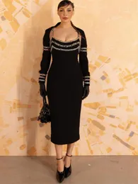 캐주얼 드레스 UPAVONU 2024 섹시한 여자 구슬로드 디자인 붕대 드레스 울트라 쇼트 숄 롱 슬리브 코트 세트 패션 바디콘 이브닝 파티
