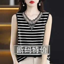 Summer Fashion Korean Simulated Silk Imitation Fragrant Cloud Lace Vneck Striped Tank Womens Slim Versatile Sleeveless Top 240506