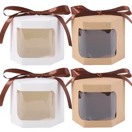 ギフトラップ20pcs/ロットホワイト/ブラウンヘキサゴンボックス透明な窓クラフトペーパーボックスパッケージングケーキキャンディーウェディングパーティー用品