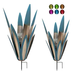 2pcs Tequila Sculpture DIY Plant Rustic Hand Painted Metal Agave Garden Outdoor Decor Figurines Home Yard Decorations Stakes Lawn Ornaments (a-2pcs-blue)