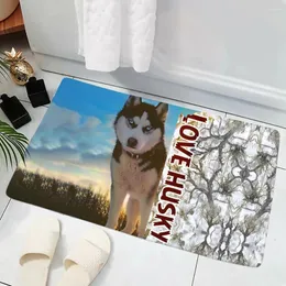 Tapetes hx amor husky piso tapet moda cães de animais engraçados 3d flanela estampada porta interna porta não deslizamento banheira tapete