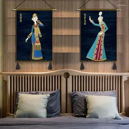 Tapisserier Etnisk tjej tryckt vägg hängande tapestry bläddring målningar traditionell kinesisk konst affisch dekorativ