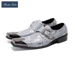 Kleiderschuhe Christia Bella Grey Party Männer Oxford Real Leder Hochzeit Square TOE Mönch männliche Brogues14742622