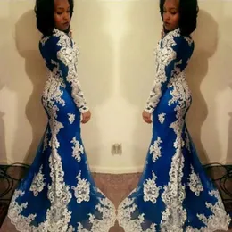 Royal Blue White Lace South African Prom Evening Dresses Wear 2020 med långärmad juvel Mermaid Dress Formella klänningar Vestidos de Festia 2697