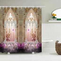 3d Luxus europäischer Stil gewölbter Türblume gedruckter Duschvorhang Stoff wasserdichte Polyester Badezimmer S 240512