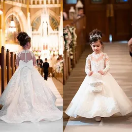 Novo Princess Flower Girl Dresses for Weddings Ilusão Apliques de renda Tulle Mangas compridas Comunhão infantil Comunhão Meninas Vestidos de concurso 272q