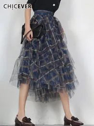 Röcke Chicever Gingham Colorblock Rock für Frauen hohe Taille Lose unregelmäßiger Hem Midi weibliche Modekleidung Stil