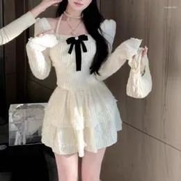 Sukienki robocze Vintage koreańska retro High Street Hanter Szyja z łukem T-shirt A-line krótka spódniczka 2 sztuki zestawy y2k