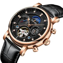 Kinyued marca novo relógio suíço moda automática inserção de couro diamante estrela masculino oco relógio mecânico215a