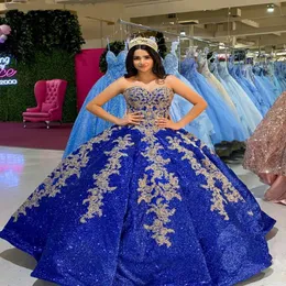 Mexikanska Sparkle Sequined Royal Blue Quinceanera Dresses Lace Applqiue Sweet 16 Prom Gowns Vestidos de 15 A OS XV Dress 284J