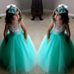 Söta turkosgröna blommorflickor klänningar spaghetti födelsedagsklänningar remmar kristall pärlstav tyll småbarn tävlingsklänningar för flickor 2293
