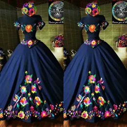 2022 패션 Charro Mexico Quinceanera 드레스 네이비 블루 자수 어깨 새틴 코르셋 백인 Sweet 15 Girls Prom Dress Custo 270g