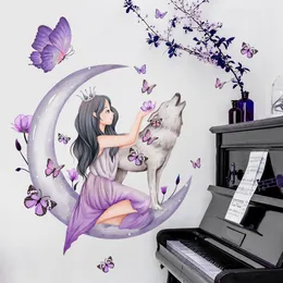 Purple Hawthorn Girl Moon Wolf Wall Sticker för barns rum sovrum dekoration självhäftande grossistvägg klistermärke