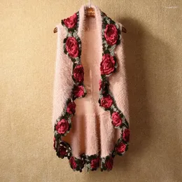 Women's Knits Winter Women Mohair Knitted Wraps Cargidans Lady Sleeveless Embroidery Rose Sweaters Crochet Flower Swing Dis5