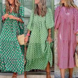 Casual Dresses Bohemian Lantern Sleeve Long Dress med tryckt stor nederkant för utrikeshandel Amazon Women's Clothing