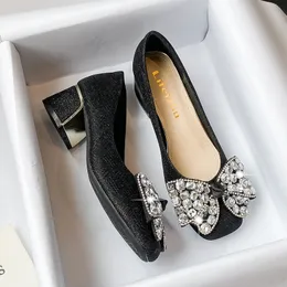 Rhinestone Bowtie Designer Chunky High Heel Shoes Female Soft Square Toe Dress Shoes Women Casual Shoes Comfortable Woman Footwears New Fairy Bridal Shoes