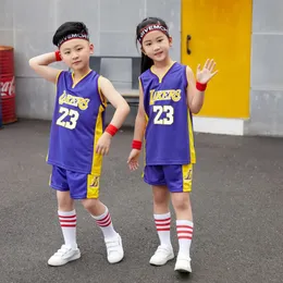 2324 Erkek Kız Lakers 23 Basketbol Formaları Çocuk Tekdüze Set İlköğretim Forması Oyun Takımı Üniforma Eğitim Yeleği 240430