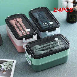 Abendessen 2/4PCS Lunch Box Storage 3 Layers Grids Student Office Worker Mikrowelle Bento Outdoor -Picknickbehälter mit Gabel