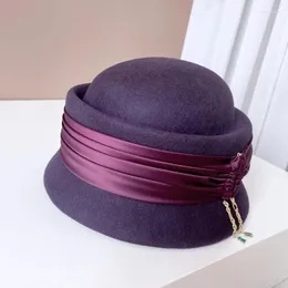 Berets Wool Weeld Cloche Winter Hat Женщины асимметричная лентная лента Fedora Lady Party Fashion Commable тепло