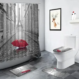 الستائر الاستحمام الرجعية باريس البرج الأحمر مظلة شارع مشهد الحمام ديكور غير زرق
