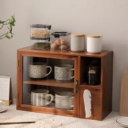 Kitchen Storage Desktop Cabinet With Door Rack Retro Double-Layer Wooden Tea Set Box Cup Dust-Proof
