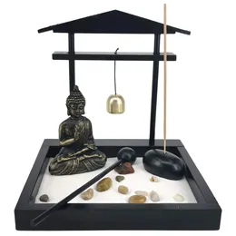 Placas decorativas de mesa de mesa Zen Sand Garden meditando Buda estátua Mini bandeja de bandeja para decoração de escritório em casa