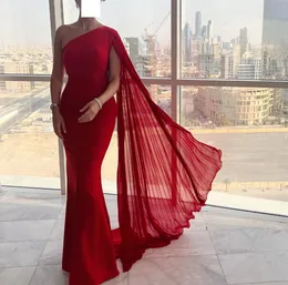 One Shoulder Sheath Evening Dress Long Formal Dress Red Chiffon Formal Party Prom Gown with Cape
