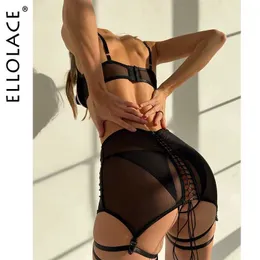 Sexy Set Ellolace Erotic Lingerie Open Bra Sissy Bandage Garter Intimate Sensual Crotchless Panties Sheer Lace Bilizna Uncensored Q240511