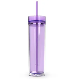 16oz de copo de acrílico skinny com tampa e palha de 480 ml de parede dupla clara copo de plástico BPA 16oz garrafa de água reta acrílica TRA3740025