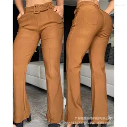 Spodnie damskie Wepbel Y2K Solid Color Belt Kobiet Letnie biuro wysokiej talii dama spodnie kieszenie proste płaskie pełną długość