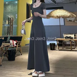 Temperament Gray Square Neck T-shirt klänning Barn Summer Tea Break French Small Slim Fit midje Wrap Hip Long Dress