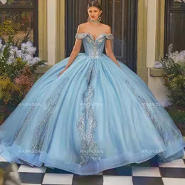 Mexiko Sky Blue Ball Kleid Quinceanera Kleid Blumen Applikationen Spitzen Pailletten von Schulter süß 16 Vestido de 15 Anos