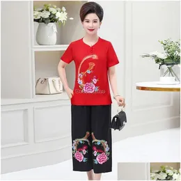 Roupas étnicas 2023 Tang chinês Tang Suit Feminino nacional de mangas curtas Cheongsam estilo de verão de verão calças de primeira linha desgasta