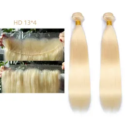 Loira 3 PCs/lote malaysian100% Humano Human Straight 2 pacotes com HD 13x4 Lace Frontal Body Wave 613# cor 10-30 polegadas