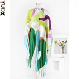 Sıradan Elbiseler Yudx Miyake Kontrast Renk Basılı Pileli Elbise Kadın Yuvarlak Boyun Uzun Batwing Kollu Kadın Giyim 2024