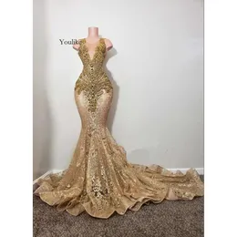 Guld Champagne Sparkly African Evening Pageant Dresses For Women Diamond Crystal Prom Queen Gown Vestidos de Gala Mujer 0514