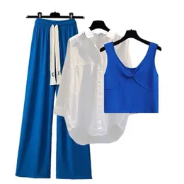 Vår sommar 3 -styckdräkt vit skjorta blå väst bred ben byxor trepiece uppsättning av elegant kvinnors träningsdräkt avslappnade kläder 240514