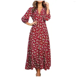 Casual Dresses Womens Long Sleeve Bohemian Floral Maxi Loose High midje Boho Printed Dress Beach Vestido Feminino