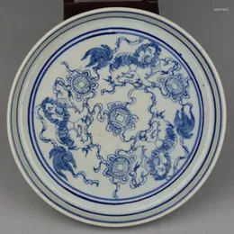 Estatuetas decorativas China de porcelana antiga Ming Wanli Blue White Hand Pintura Placa de Leão