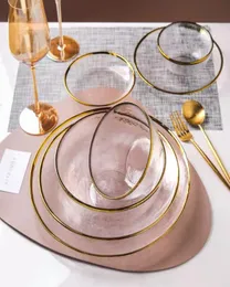 Transparentes Glasdinnerteller Gerichte Salat Obst Schüssel Luxus Gold Inlay Glass Cake Food Teller Geschirr Set für Restaurant9083819