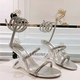 Rene Caovilla Margot verschönerte Wildleder -Sandalen Schlange Strass Stiletto Heels Damenparty 9,5 cm Hochhochhochzeit Luxusdesigner Knöchel umwickeln mit Box