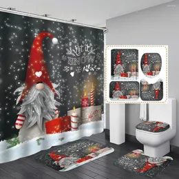 シャワーカーテンサンタクロースカーテンセットノンスリップラグトイレカバーバスマットかわいいノームキャンドルビッグギフトボックスクリスマスメリーセット